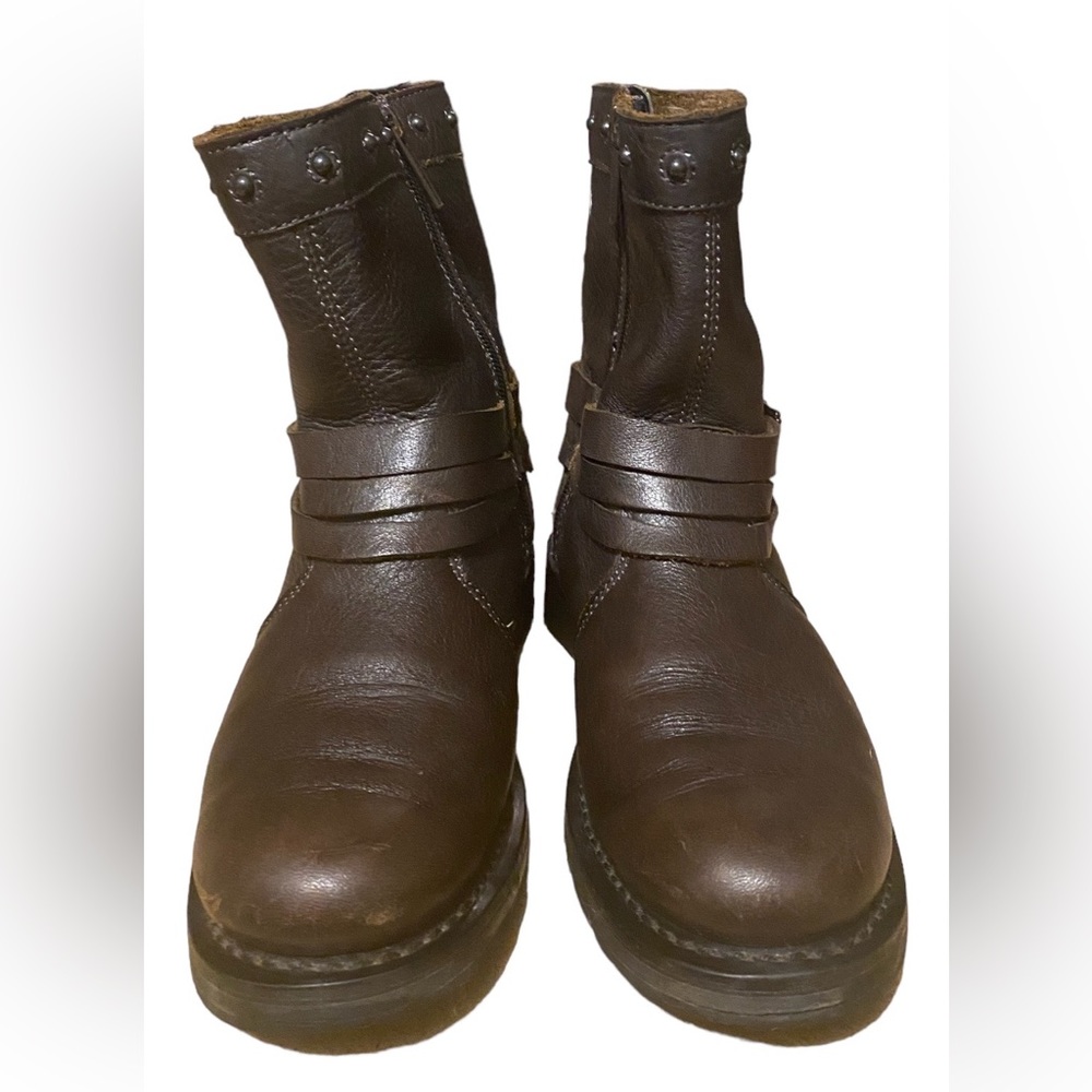 Harley Davidson Mandy Brown Black Leather Biker Slate Buckle Ankle Boots 6W - Picture 10 of 13